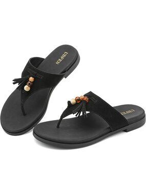 Womens Black Comfortable Faux Suede Upper Slide Slip-On Casual Flat Sandal Shoes